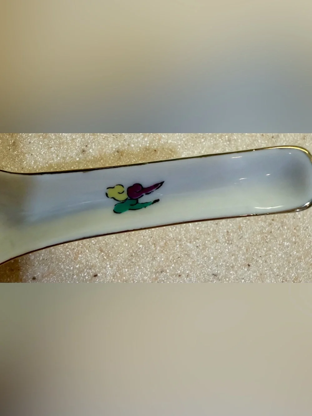 Porcelain Soup Spoon - White with Red Dragon Sun Clouds Gold Gild Asian Chinese